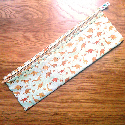 Straw Cutlery Pouch Extra Large, Toothbrush case, Pencil Bag, Crochet Hook Zip Pouch, Chopstick Case Picnic Work Lunch Eco Gold Dinosaurs