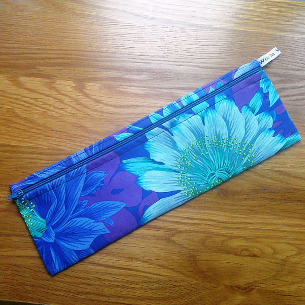 Straw Cutlery Pouch Extra Large, Toothbrush case, Pencil Bag, Crochet Hook Zip Pouch, Chopstick Case Picnic Work Lunch Eco Blooms in Blue
