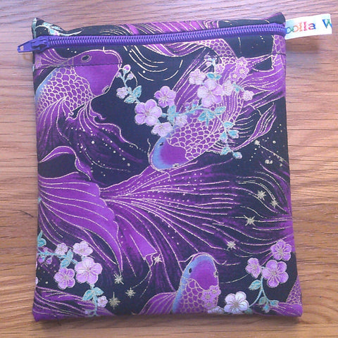 Reusable Snack Bag - Bikini Bag - Lunch Bag - Make Up Bag Small Poppins Waterproof Lined Zip Pouch - Sandwich - Period Purple Koi