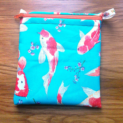 Reusable Snack Bag - Bikini Bag - Lunch Bag - Make Up Bag Small Poppins Waterproof Lined Zip Pouch - Sandwich - Period Teal Koi
