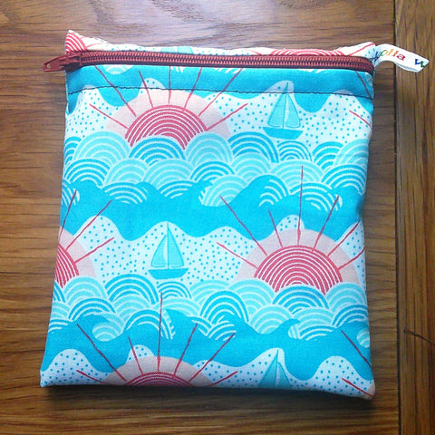 Reusable Snack Bag - Bikini Bag - Lunch Bag - Make Up Bag Small Poppins Waterproof Lined Zip Pouch - Sandwich - Period - Art Deco Ocean