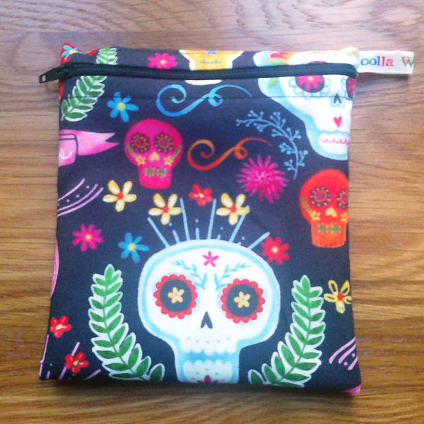 Reusable Snack Bag - Bikini Bag - Lunch Bag - Make Up Bag Small Poppins Waterproof Lined Zip Pouch - Sandwich - Period - Sugar Skull