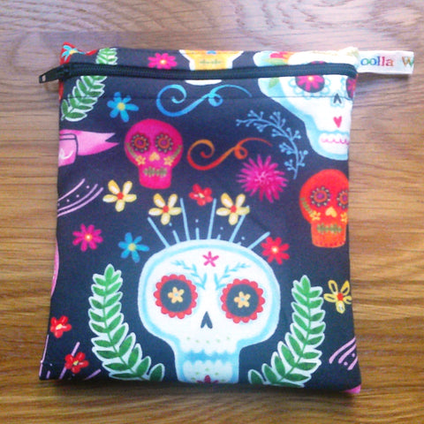 Reusable Snack Bag - Bikini Bag - Lunch Bag - Make Up Bag Small Poppins Waterproof Lined Zip Pouch - Sandwich - Period - Sugar Skull