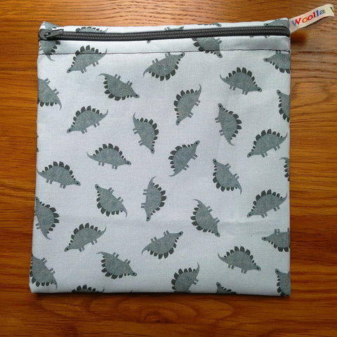 Reusable Sandwich Bag, Sanitary Pads Bag, Bagel Holder, Travel Makeup Bag Reusable Snack Pouch, Vegan Snack Box, Zip, Grey Dino Stegosaurus