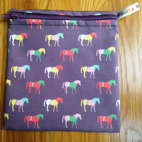 Reusable Snack Bag - Bikini Bag - Lunch Bag - Make Up Bag Small Poppins Waterproof Lined Zip Pouch - Sandwich - Period - Horses On Plum