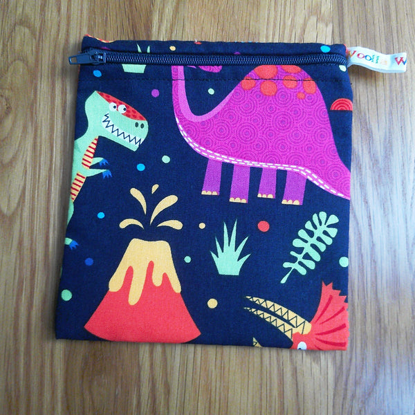 Reusable Snack Bag - Bikini Bag - Lunch Bag - Make Up Bag Small Poppins Waterproof Lined Zip Pouch - Sandwich - Period - Bright Dinosaur