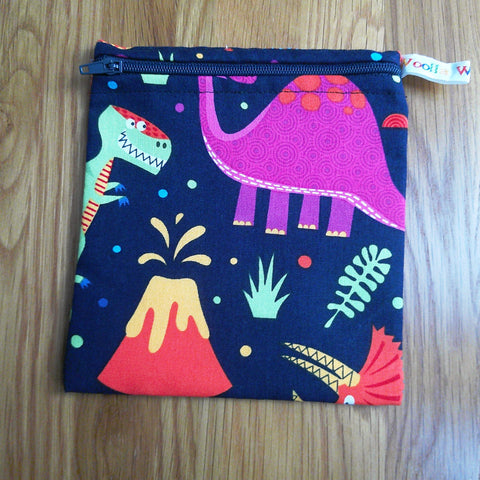 Reusable Snack Bag - Bikini Bag - Lunch Bag - Make Up Bag Small Poppins Waterproof Lined Zip Pouch - Sandwich - Period - Bright Dinosaur