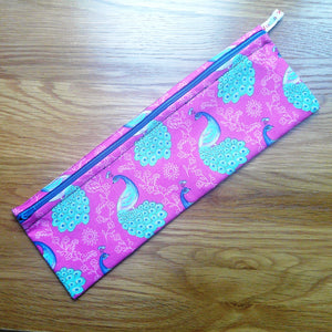 Straw Cutlery Pouch Extra Large, Toothbrush case, Pencil Bag, Crochet Hook Zip Pouch, Chopstick Case Picnic Work Lunch Eco Peacock