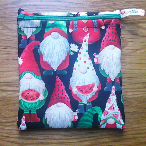 Reusable Snack Bag - Bikini Bag - Lunch Bag - Make Up Bag Small Poppins Waterproof Lined Zip Pouch - Sandwich -Period Watermelon Gnome Tomte