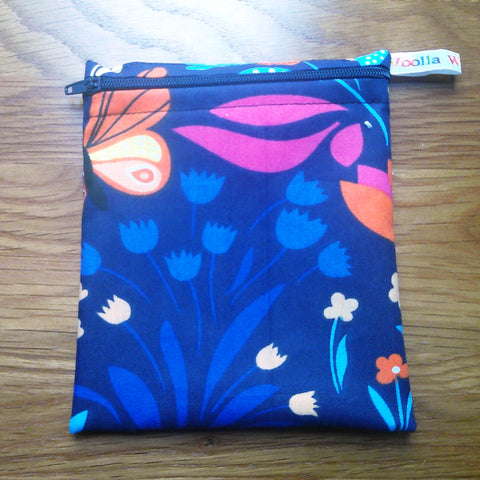 Reusable Snack Bag - Bikini Bag - Lunch Bag - Make Up Bag Small Poppins Waterproof Lined Zip Pouch - Sandwich - Period - Navy Butterfly