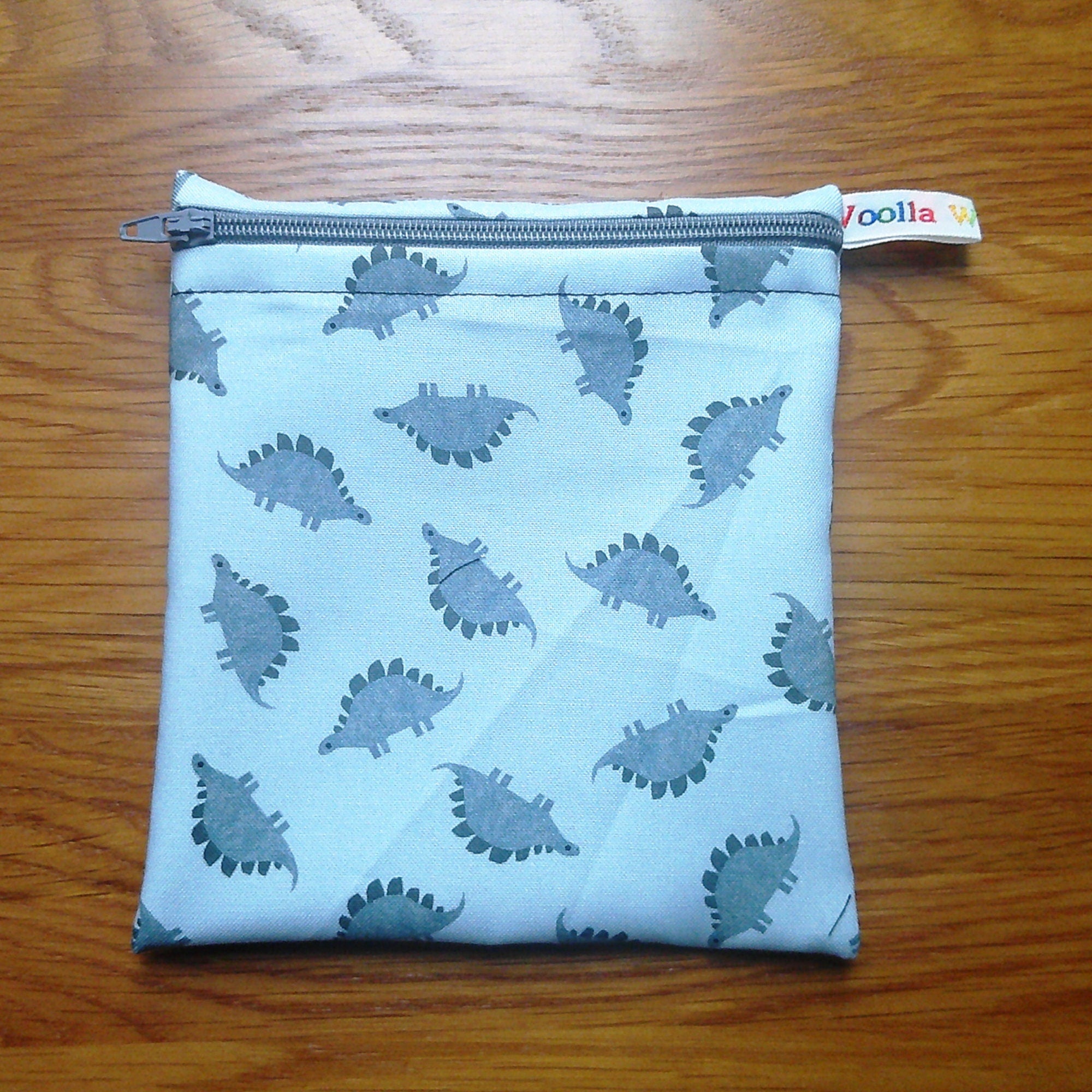 Reusable Snack Bag - Bikini Bag - Lunch Bag - Make Up Bag Small Poppins Waterproof Lined Zip Pouch - Sandwich - Period Grey Stegosaurus Dino