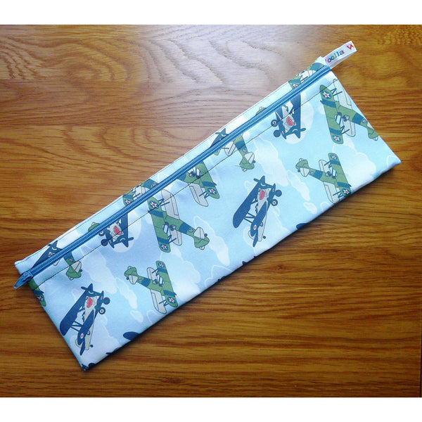 Extra Large Straw Cutlery Pouch: Airplane Print, Picnic Lunch Bi Planes