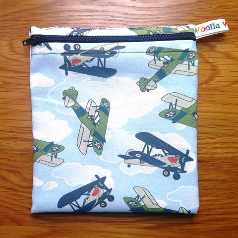 Reusable Snack Bag - Bikini Bag - Lunch Bag - Make Up Bag Small Poppins Waterproof Lined Zip Pouch - Sandwich - Period - Bi Plane