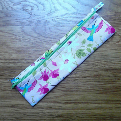 Straw Cutlery Pouch Washable Reusable Chopstick Utensil Crochet Hook Pencil Pen Case Waterproof Lined Zip Pouch Eco Floral Hummingbird