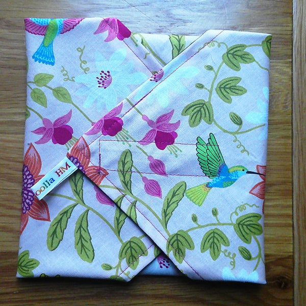 Reusable Sandwich Wrap, Wax Wrap Alternative Vegan Sustainable Sandwiches -Eco Zero Waste Hook & Loop Fastener - Floral Hummingbird