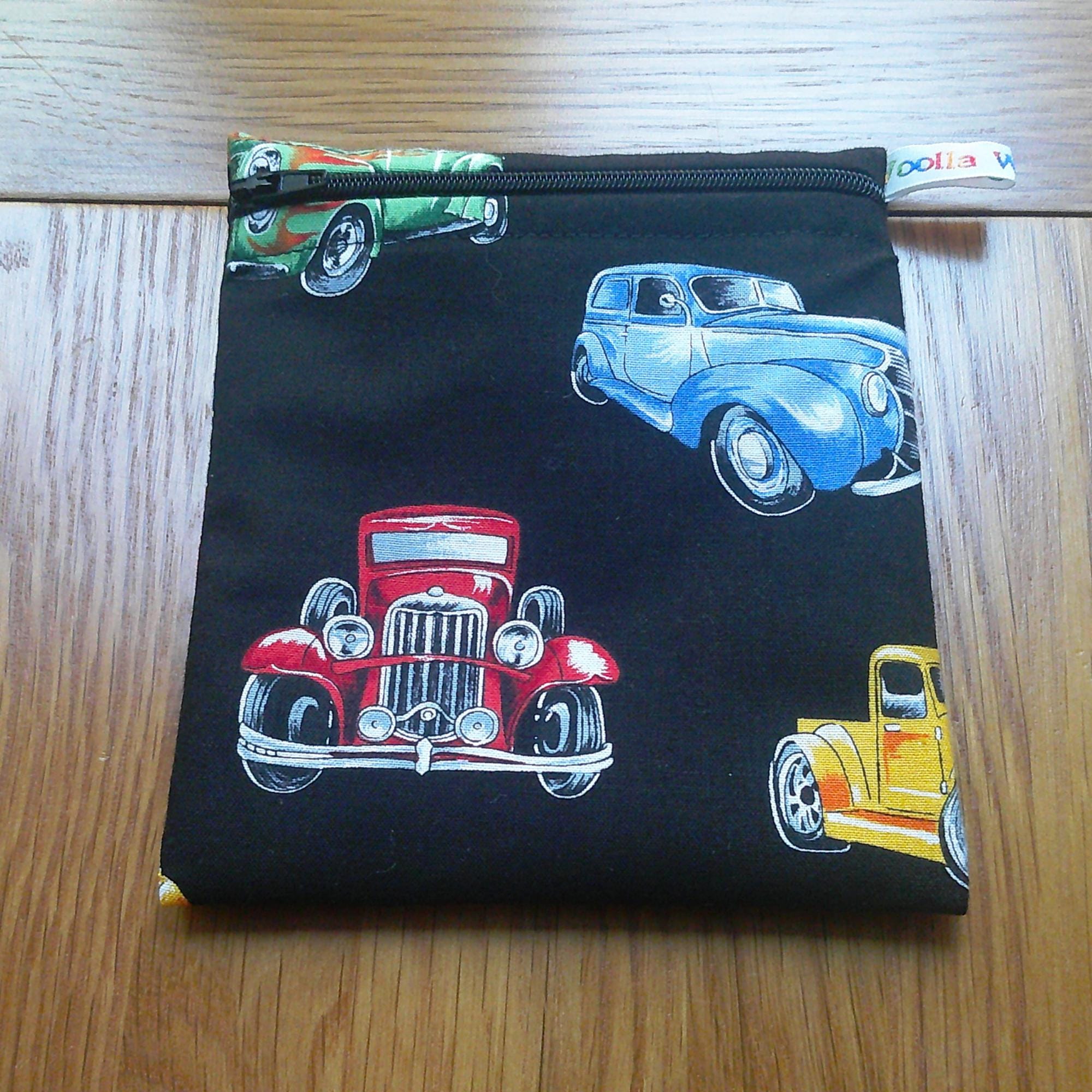 Reusable Snack Bag - Bikini Bag - Lunch Bag - Make Up Bag Small Poppins Waterproof Lined Zip Pouch - Sandwich - Period - Vintage Cars