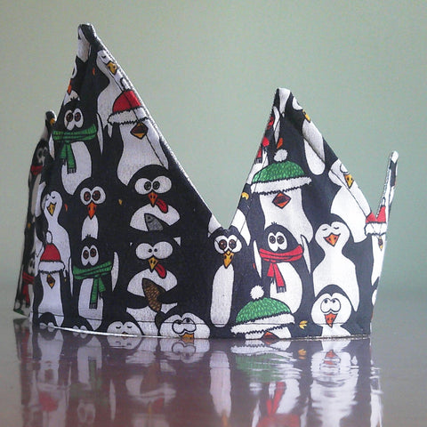 Penguins With Silver Glitter Fabric Christmas Crown Reversible Adjustable 1 Size Fit All Party Hat Birthday  Zero Waste T3