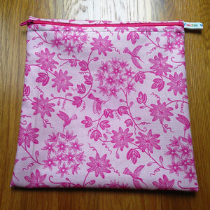 Large Food Storage, Bikini Bag,  Toiletries Pouch, Charger Store, Zipper Beauty Organiser, Craft Box, Waterproof Lined Pink Hummingbird