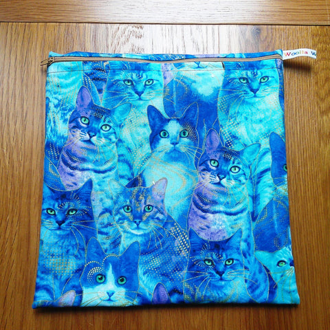 Large Food Storage, Bikini Bag,  Toiletries Pouch, Charger Store, Zipper Beauty Organiser, Craft Box, Waterproof Lined Blue Gold Cat