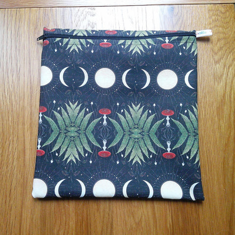 Large Food Storage, Bikini Bag,  Toiletries Pouch, Charger Store, Zipper Beauty Organiser, Craft Box, Waterproof Lined Moon Phase Fern