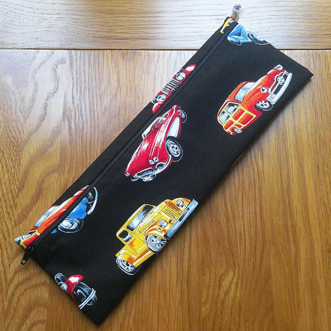 Straw Cutlery Pouch Extra Large, Toothbrush case, Pencil Bag, Crochet Hook Zip Pouch, Chopstick Case Picnic Work Lunch Vintage Cars