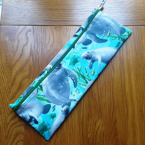 Straw Cutlery Pouch Extra Large, Toothbrush case, Pencil Bag, Crochet Hook Zip Pouch, Chopstick Case Picnic Work Lunch Manatee Sea Cow