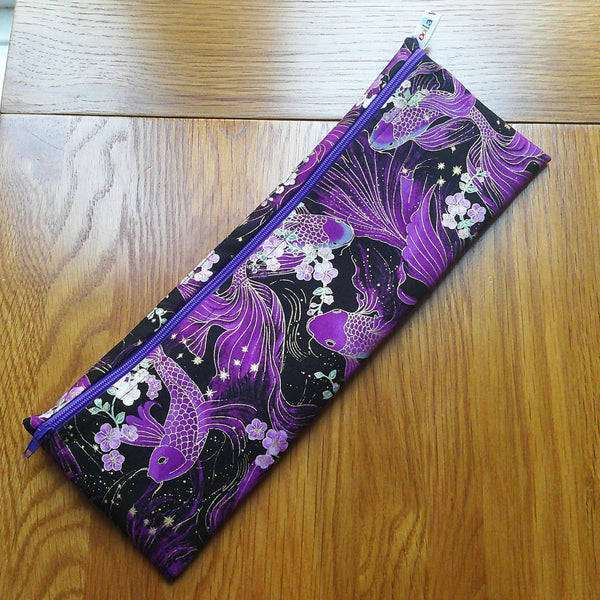 Straw Cutlery Pouch Extra Large, Toothbrush case, Pencil Bag, Crochet Hook Zip Pouch, Chopstick Case Picnic Work Lunch Purple Koi