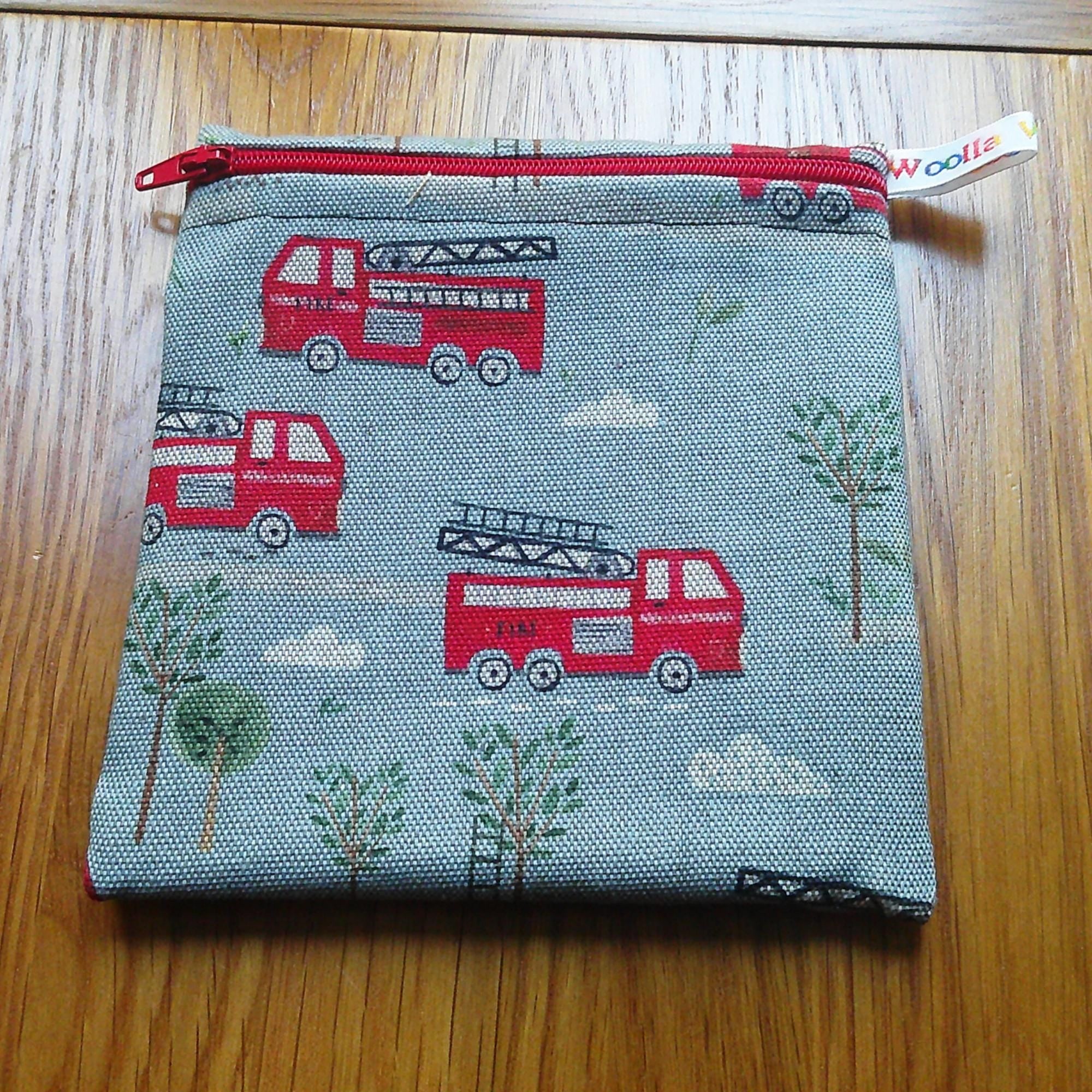 Reusable Snack Bag - Bikini Bag - Lunch Bag - Make Up Bag Small Poppins Waterproof Lined Zip Pouch - Sandwich - Period - Fire Engines