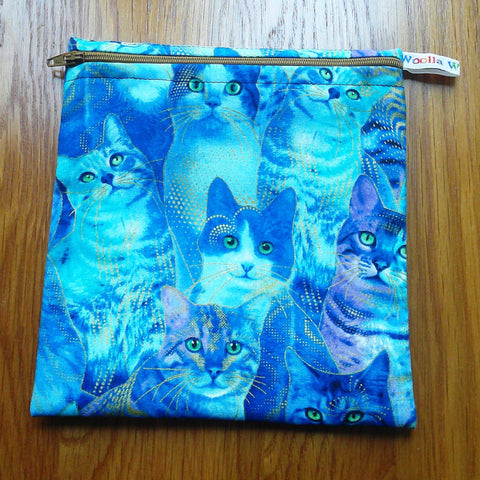 Reusable Sandwich Bag, Sanitary Pads Bag, Bagel Holder, Travel Makeup Bag Reusable Snack Pouch, Vegan Snack Box Wipes Bag, Blue Gold Cats