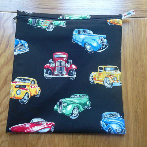 Large Food Storage, Bikini Bag,  Toiletries Pouch, Charger Store, Zipper Beauty Organiser, Craft Box, Waterproof Lined - Vintage Cars