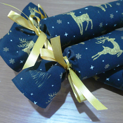 Reindeer Navy Gold Fabric Reusable Christmas Cracker Pullable Eco Friendly Crackers, Zero Waste, Stocking Filler, Christmas Table Decoration