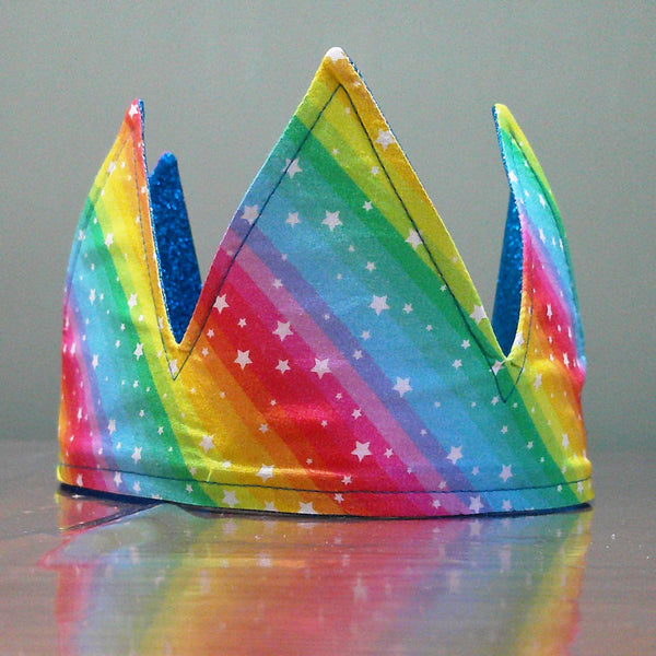 Rainbow Stripe With Turquoise Glitter Fabric Christmas Crown Reversible Adjustable 1 Size Fit All Party Hat Birthday  Zero Waste