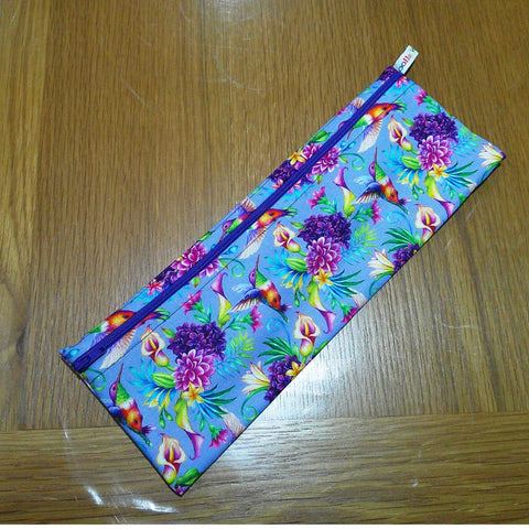 Straw Cutlery Pouch Extra Large Toothbrush Case, Pencil Bag, Crochet Hook Zip Pouch, Chopstick Case, Picnic or Work Lunch Lilac Hummingbird