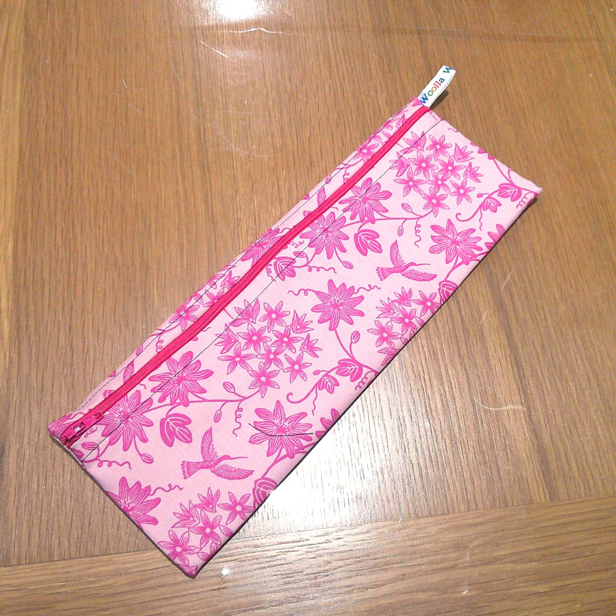 Straw Cutlery Pouch Extra Large Toothbrush Case, Pencil Bag, Crochet Hook Zip Pouch, Chopstick Case, Picnic or Work Lunch Pink Hummingbird