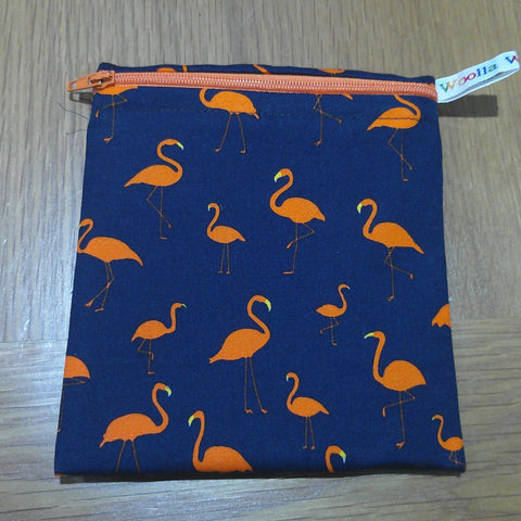 Small Reusable Snack Pouch Waterproof Food Bag, Eco-Friendly Washable Fabric Zip for Snacks, Change, Cosmetics, Accessories Orange Flamingo