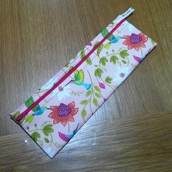 Straw Cutlery Pouch Extra Large Toothbrush Case, Pencil Bag, Crochet Hook Zip Pouch, Chopstick Case, Picnic or Work Lunch Floral Hummingbird