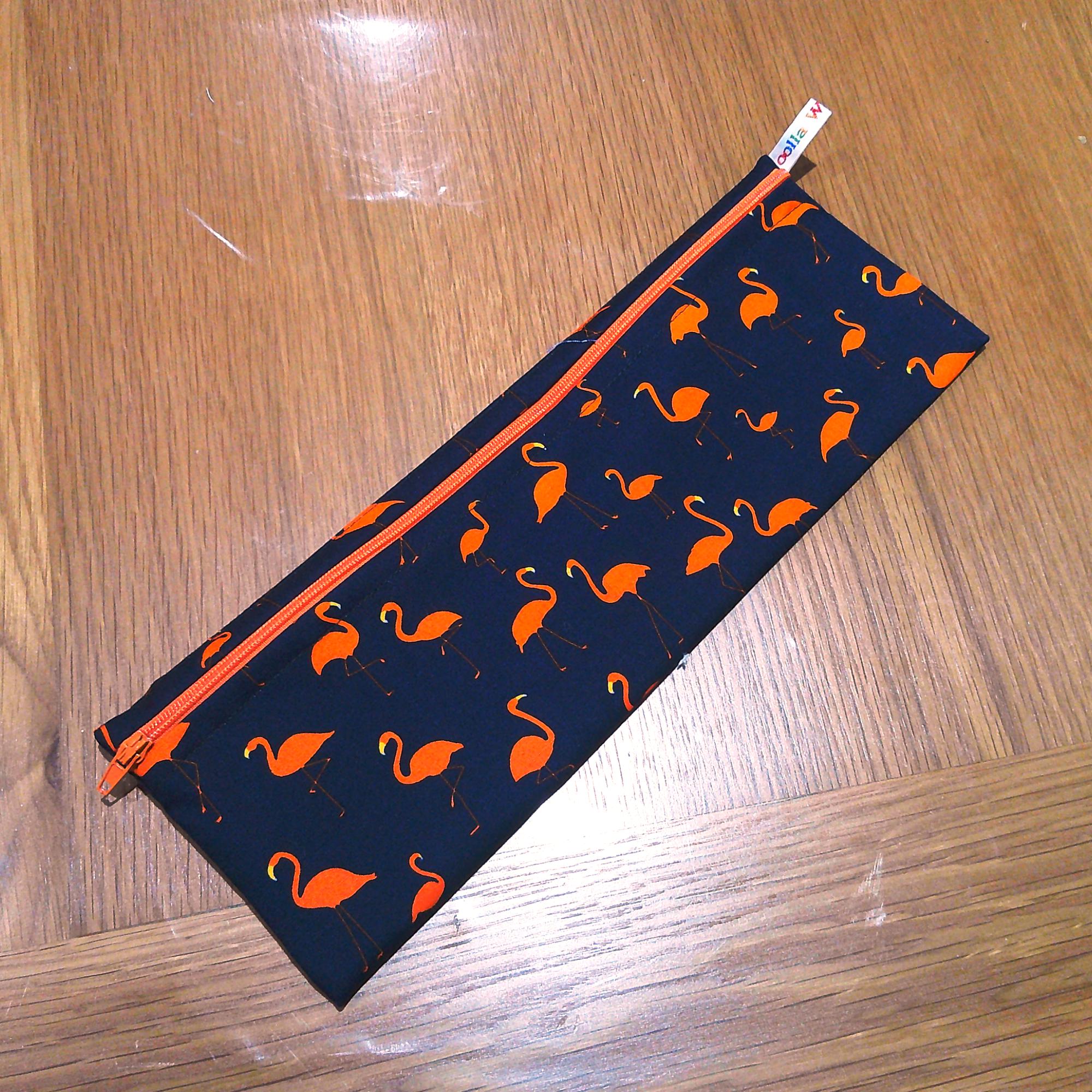 Straw Cutlery Pouch Extra Large Toothbrush Case, Pencil Bag, Crochet Hook Zip Pouch, Chopstick Case, Picnic or Work Lunch Orange Flamingo