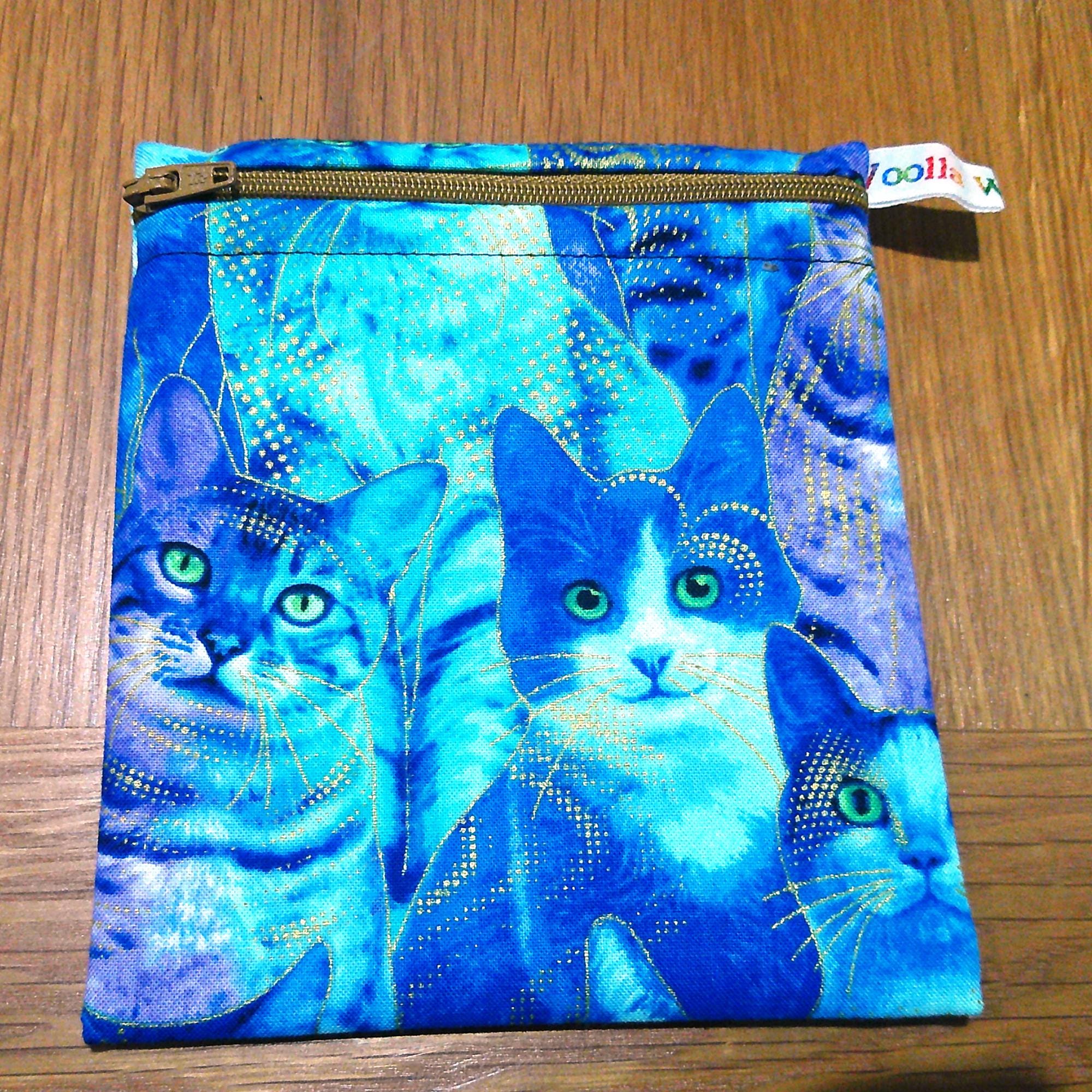 Small Reusable Snack Pouch Waterproof Food Bag, Eco-Friendly Washable Fabric Zip for Snacks, Change, Cosmetics, Accessories Blue Gold Cat