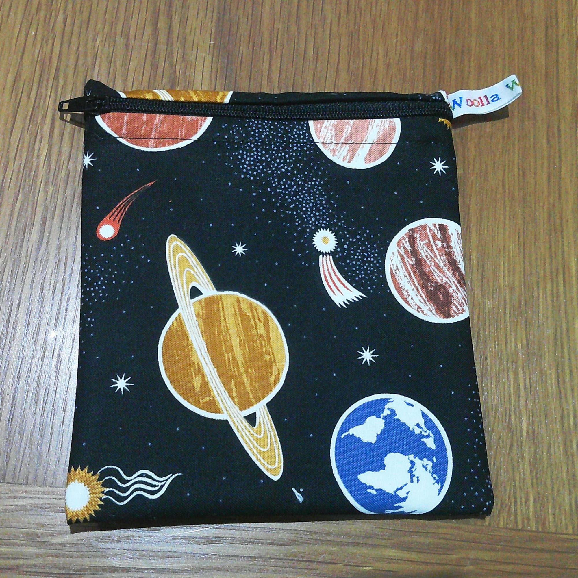 Small Reusable Snack Pouch Waterproof Food Bag, Eco-Friendly Washable Fabric Zip for Snacks, Change, Cosmetics, Accessories Planets on Black