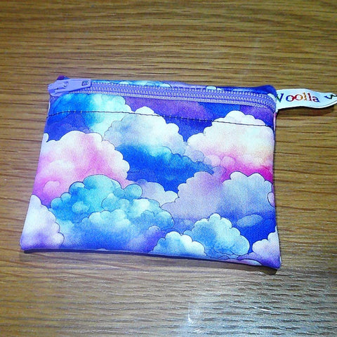 Pippins Reusable Snack Pouch, Pocket Sized Waterproof Food Safe Zip Bag, Washable Eco Lunch Pouch,  Mini Snack Bag Handmade Pastel Clouds