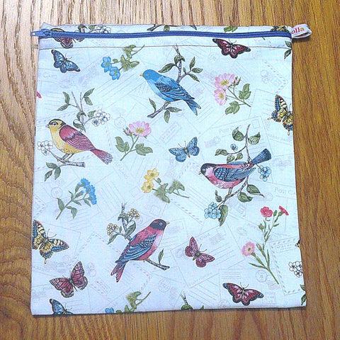 Large Reusable Poppins Pouch: Floral Birds Waterproof Zip Bag