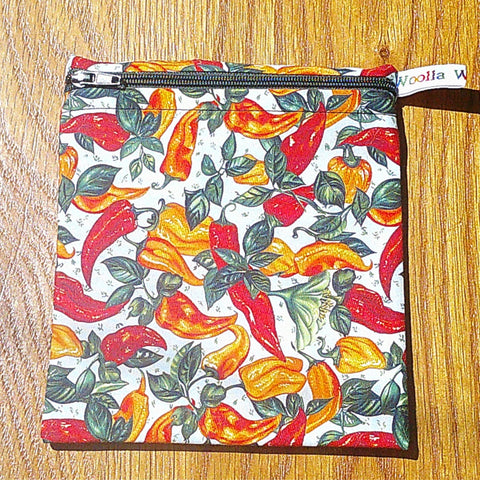 Small Reusable Snack Pouch Waterproof Food Bag, Eco-Friendly Washable Fabric Zip for Snacks, Change, Cosmetics, Accessories Multi Chilli