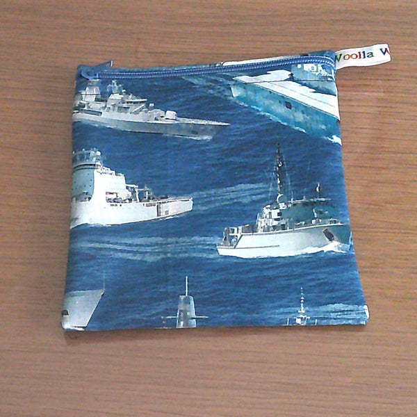 Reusable Snack Pouch: Waterproof Fabric Zip Bag - Navy Ships