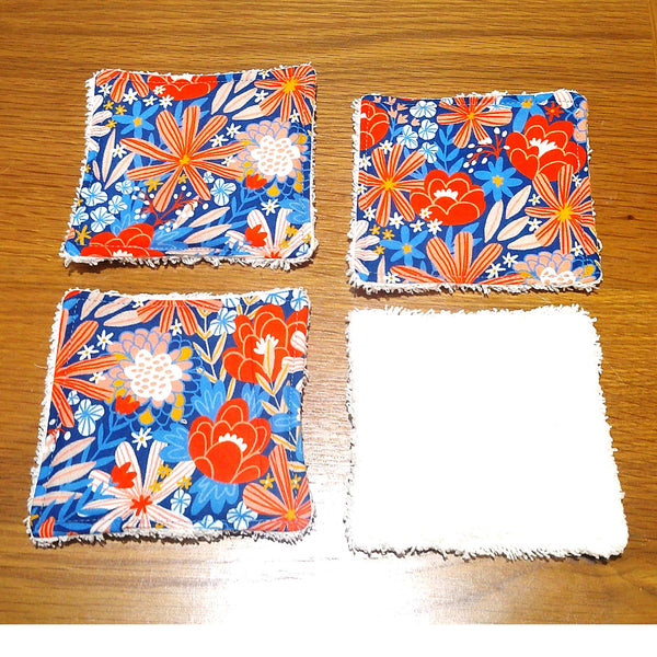 Reusable Cotton Wipes - Make Up - Toddler - Finger Wipes: 4 Pack Orange Navy Flowers, Eco-Friendly Skincare
