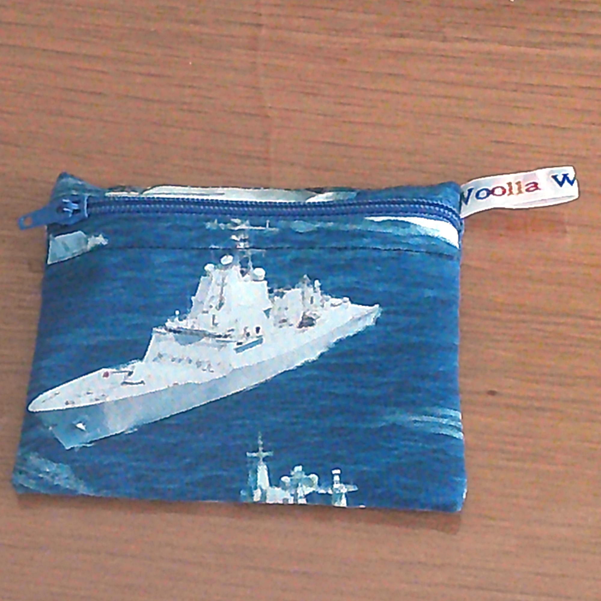 Handmade Reusable Snack Pouch: Waterproof Cotton Zip Bag - Navy Ships