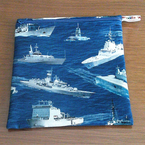 Large Reusable Waterproof Pouch: Navy Ships Print, Eco-Friendly Zip Bag