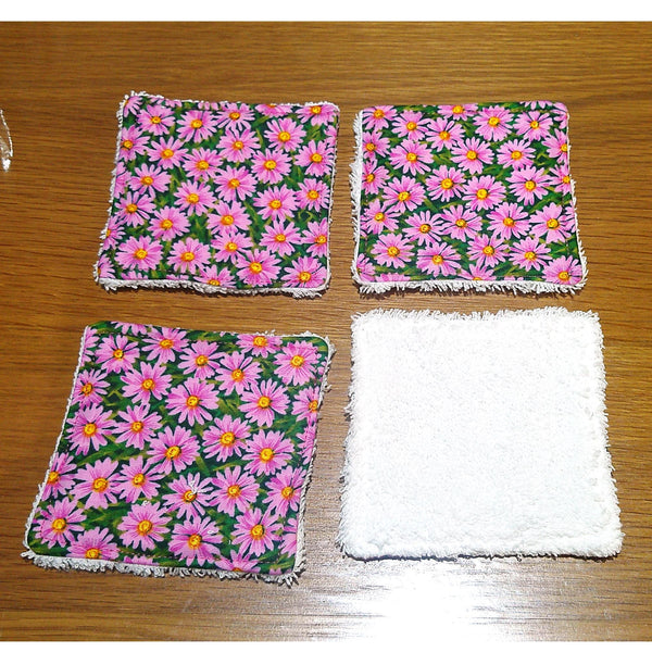 Reusable Cotton Face Wipes: Eco-Friendly Skincare, Baby Washcloths - Pink Daisy, Pack of 4