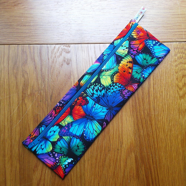 Straw Cutlery Pouch Washable Reusable Chopstick Utensil Crochet Hook Pencil Pen Case Waterproof Lined Zip Pouch Eco Bright Butterfly