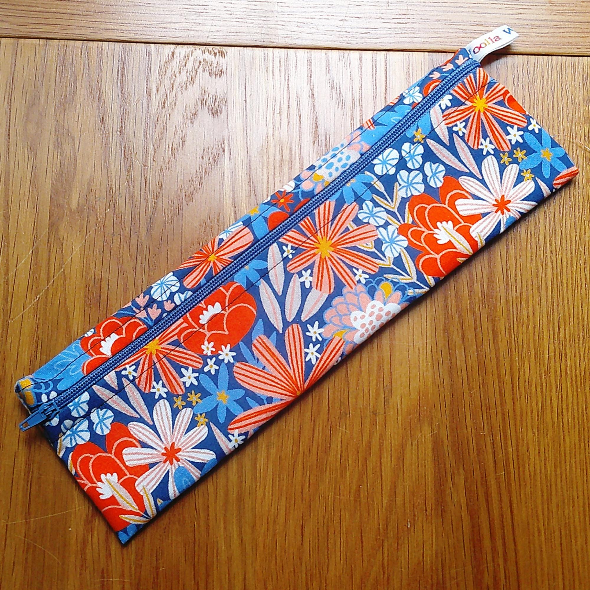 Straw Cutlery Pouch Washable Reusable Chopstick Utensil Crochet Hook Pencil Pen Case Waterproof Lined Zip Pouch Eco Orange Blue Flower