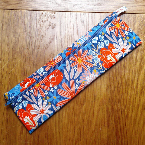 Straw Cutlery Pouch Washable Reusable Chopstick Utensil Crochet Hook Pencil Pen Case Waterproof Lined Zip Pouch Eco Orange Blue Flower